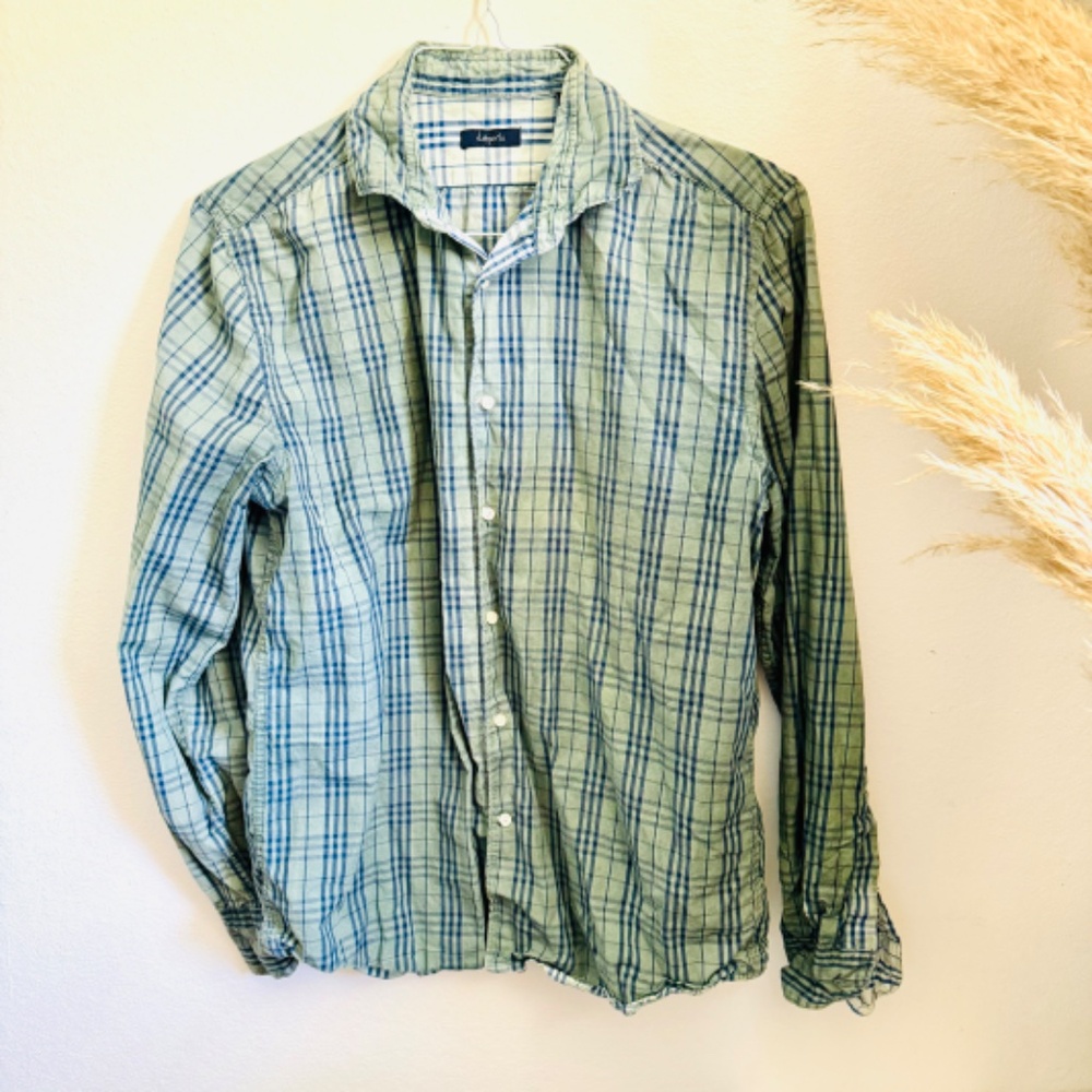MENS DEPERLU Blue Green Classic Plaid Check Button Down Casual Dress Shirt L